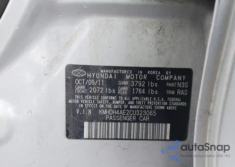 2012 Hyundai Elantra Gls (Ulsan Plant) from USA, damaged, VIN KMHDH4AE2CU323065